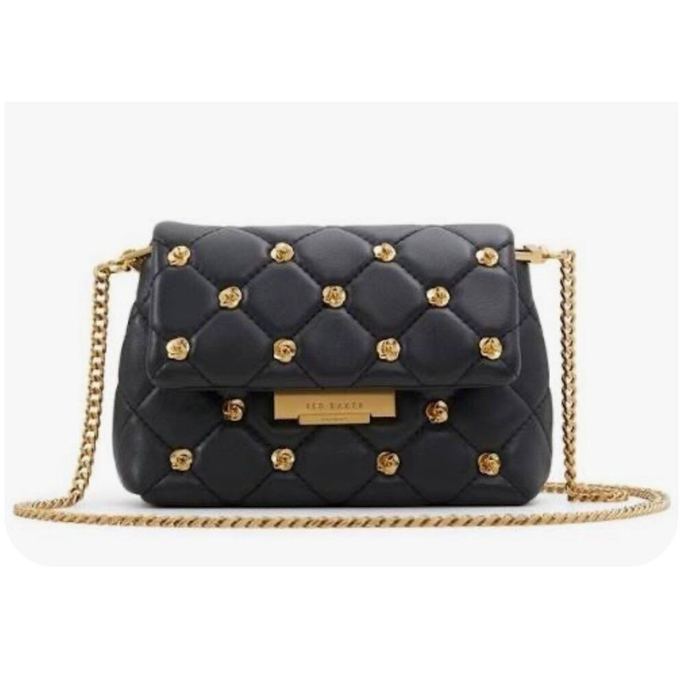 Ted Baker Ginn Leather Quilt Shoulder Rose Stud Chain Strap Black Mini Handbag